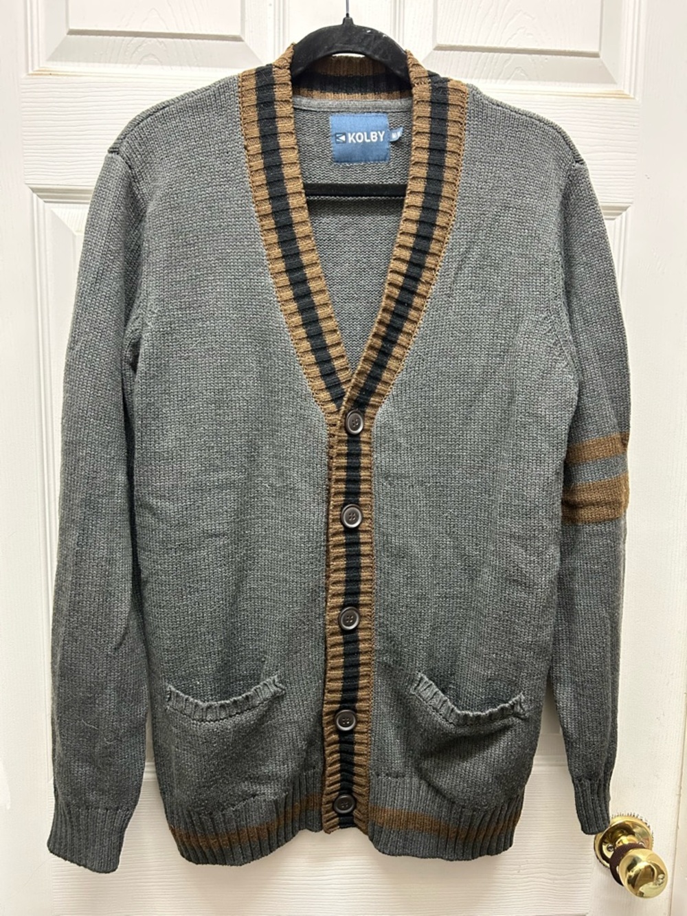 Men's Gray Cardigan with One-Sleeve Brown Trim and Pockets